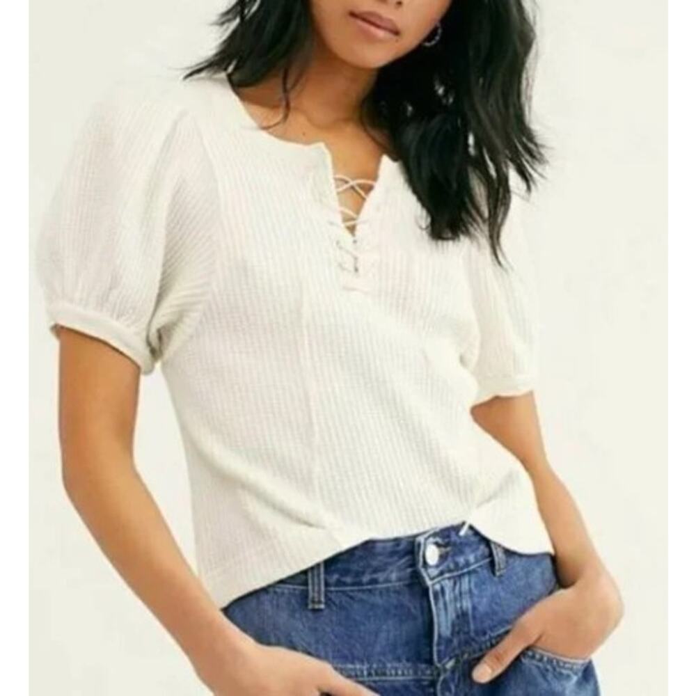 Free People FP One Hayden Thermal Waffle Knit Puff Sleeve Top Size S